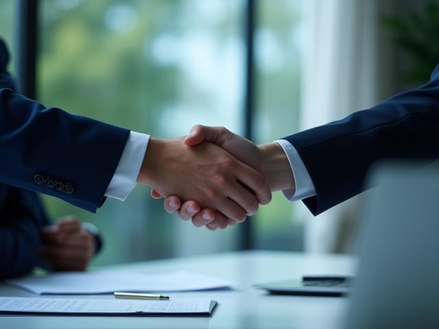 Dos personas estrechándose la mano en negociación de alianza